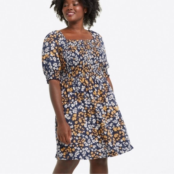 Draper James Jo Dee Floral Smocked Dress Elbow Sleeves Size 2X Navy Orange White - Picture 1 of 13